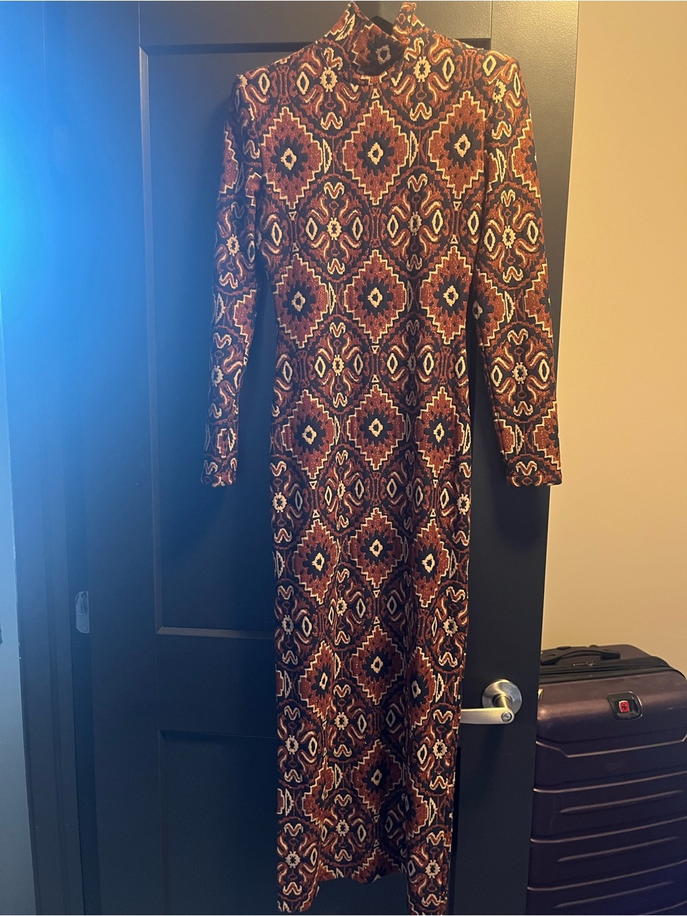 Smythe Rust and Cream Geometric Long-Sleeve Maxi Dress